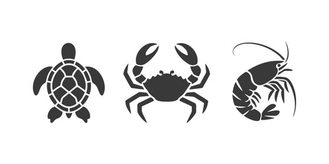 Vector set of black silhouette marine icons featuring a turtle, crab, and shrimp on a white background