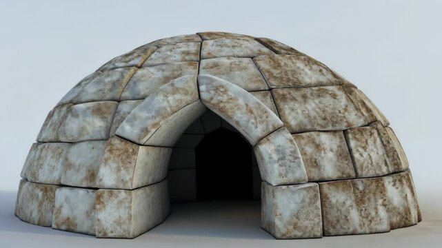 Unique igloo design made from large stone blocks in a snowy environment