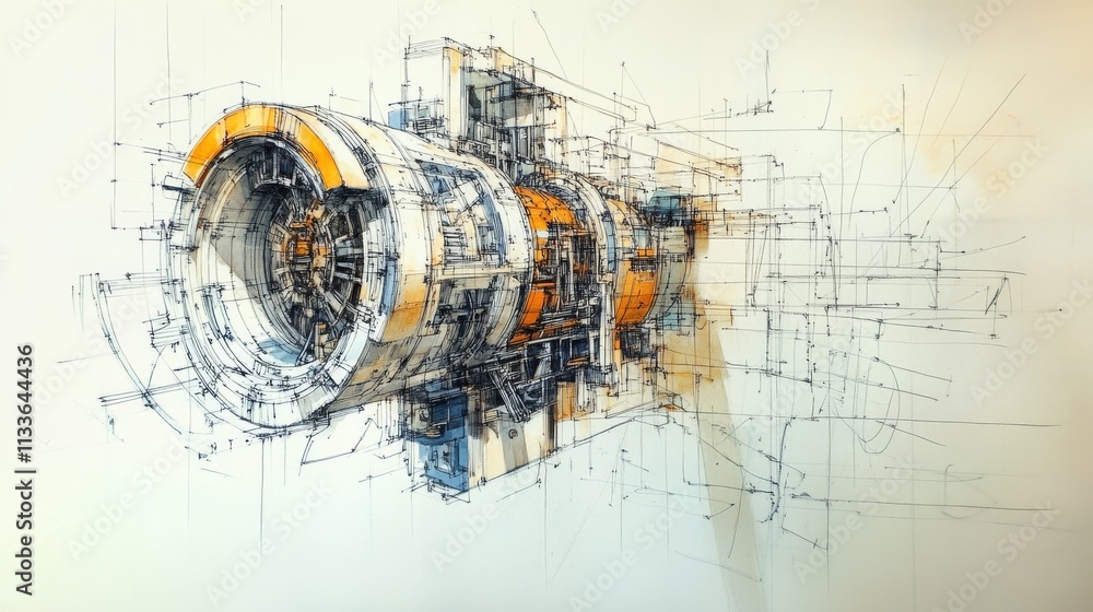 Poster a complex technical drawing with orange and blue industrial design elements, showcasing the intricat