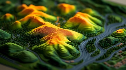 Abstract 3D topographic map of hilly landscape with roads and forests.