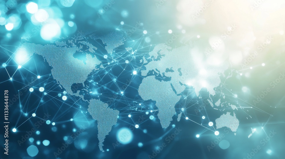 Poster an abstract representation of a digital world map with glowing lines and blue bokeh effects, symboli