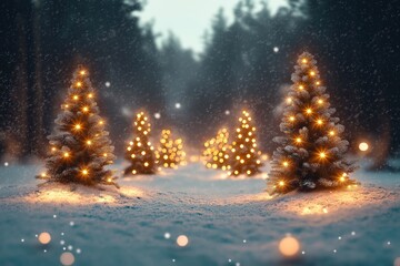 Obraz premium Snowy landscape with illuminated Christmas trees. Soft lights highlight small trees in winter wonderland scene. Falling snowflakes create magical winter atmosphere. Perfect for holiday cards,