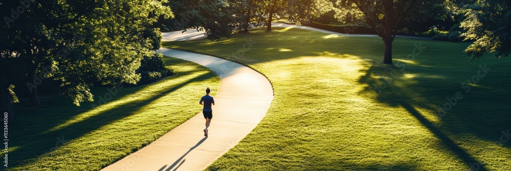 Poster A runner sprints down a curving path surrounded by lush greenery in the early morning light, enjoying the tranquility of the park. Generative AI
