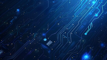 Blue glowing circuit board with abstract lines and patterns.