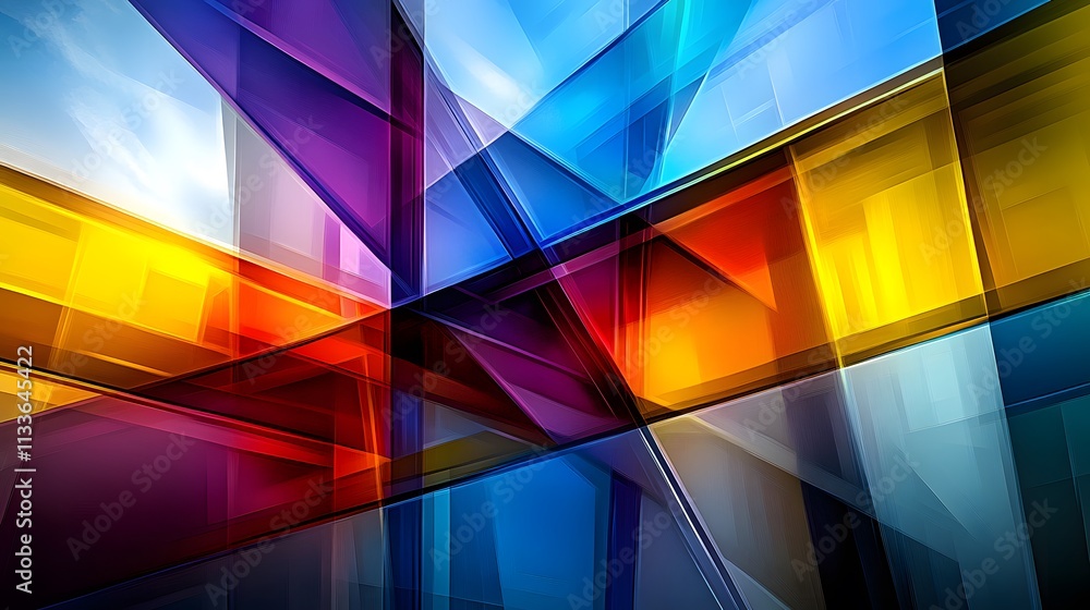 Poster abstract colorful geometric shapes overlapping, creating a dynamic and vibrant composition.