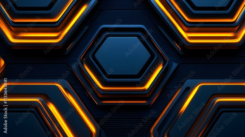 Poster abstract dark blue and orange hexagonal pattern background.
