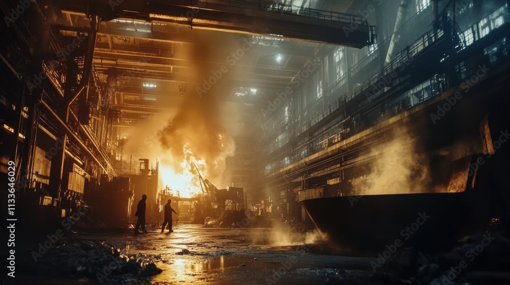 Poster Molten metal flows into casting molds within a large industrial hall, creating a dramatic display of flames and sparks amidst intense activity. Generative AI
