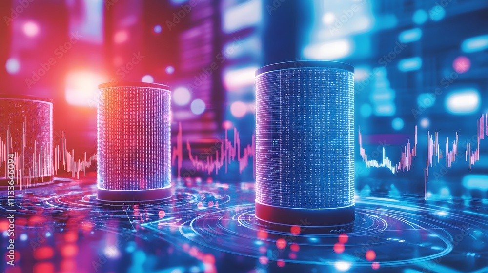 Poster abstract data visualization with glowing cylinders displaying financial charts and codes on a digita