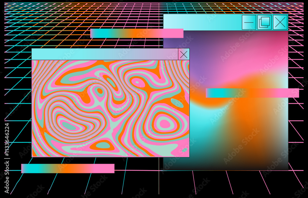 Aufkleber Abstract vaporwave collage with elements of open application windows and glitchy artifacts.