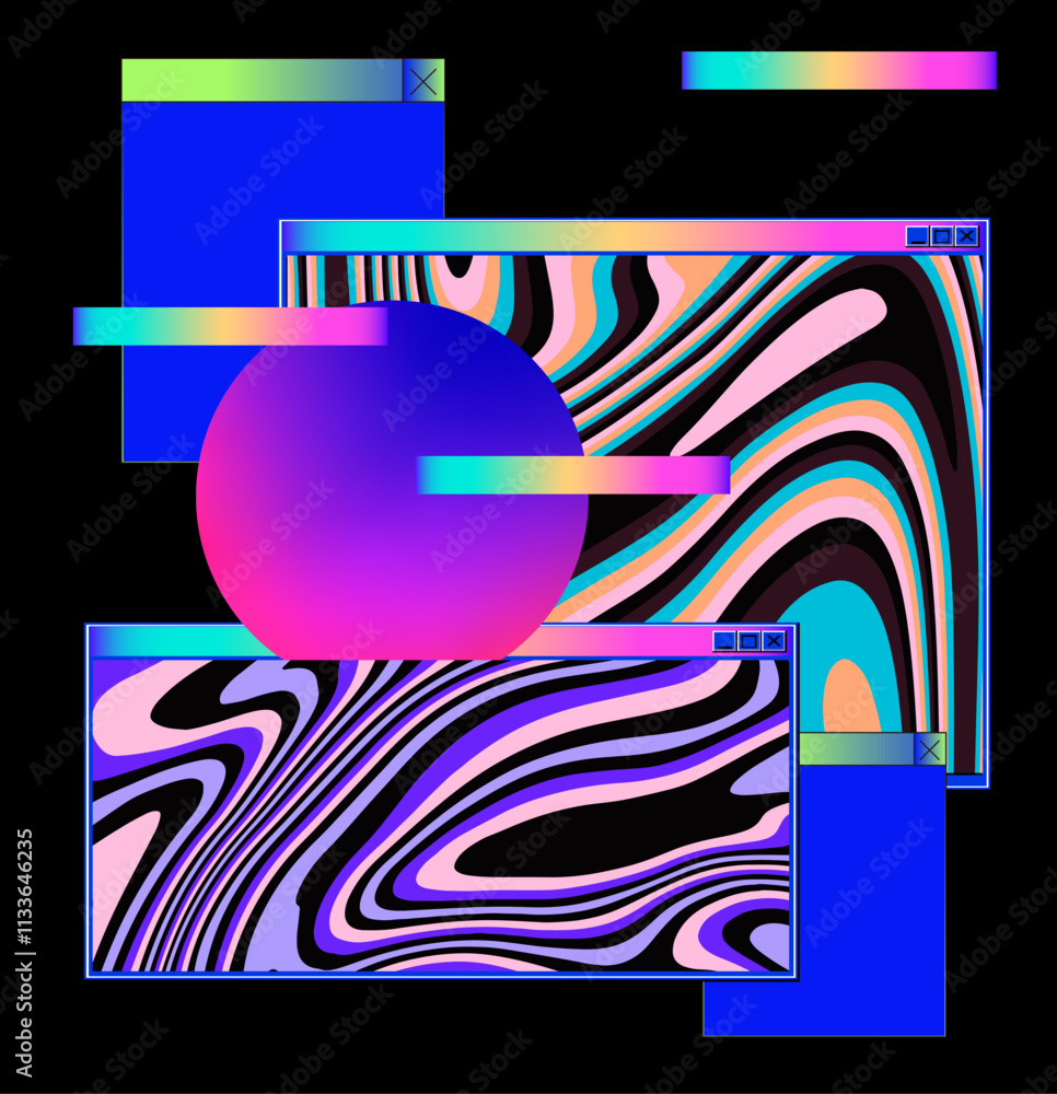Poster Abstract vaporwave collage with elements of open application windows and glitchy artifacts.