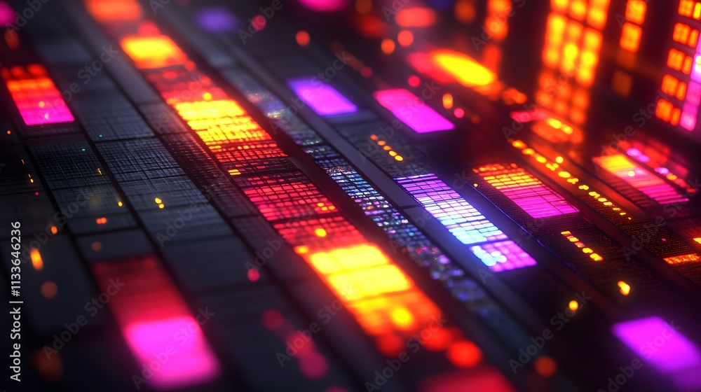 Poster abstract digital data stream, glowing colorful circuit board texture.