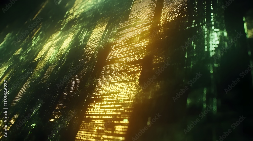Poster abstract digital data stream, glowing green and gold code lines flowing downwards.