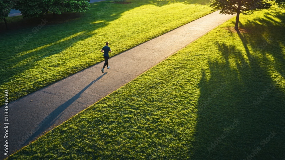 Poster a solitary runner makes their way along a well-maintained path in a lush green park, illuminated by 