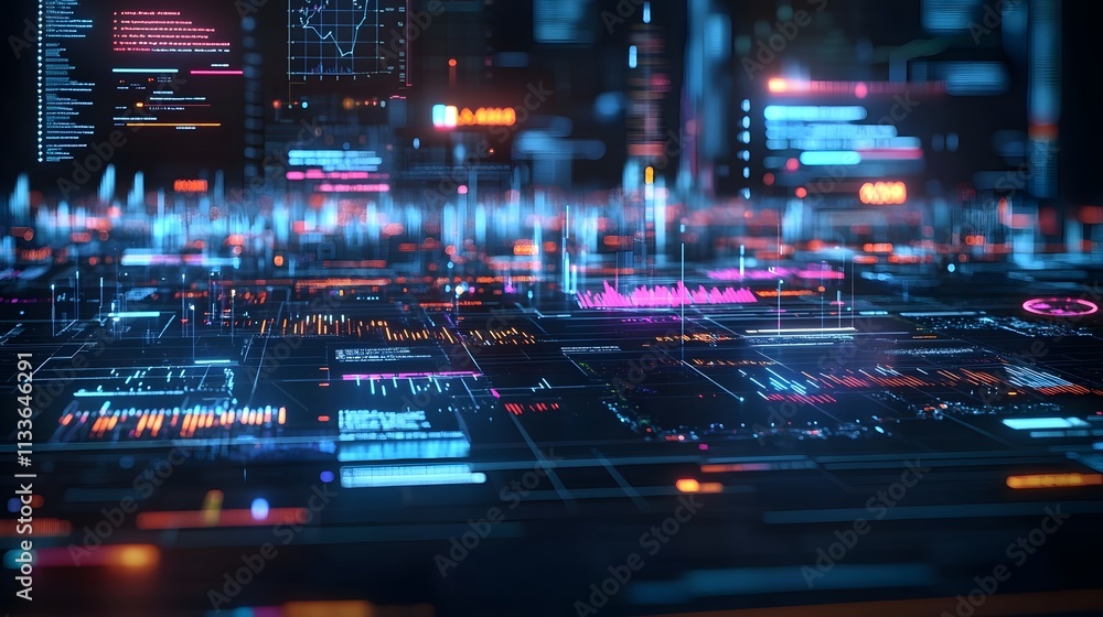 Poster abstract digital data visualization with glowing lines, charts, and graphs.