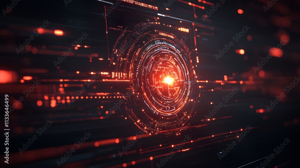 Poster abstract digital interface with glowing red circular element and lines.
