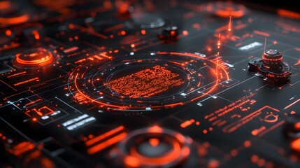 Abstract digital interface with glowing red circuits and data streams.