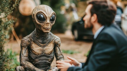 Alien encounter in a serene outdoor setting during a casual conversation with a man dressed in formal attire