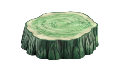 A stylized tree stump showcasing concentric growth rings and textured bark, representing nature and environmental themes.