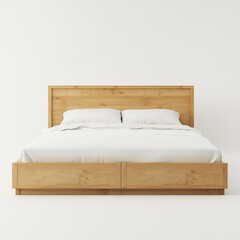 Simple wooden platform bed with drawers, white bedding.
