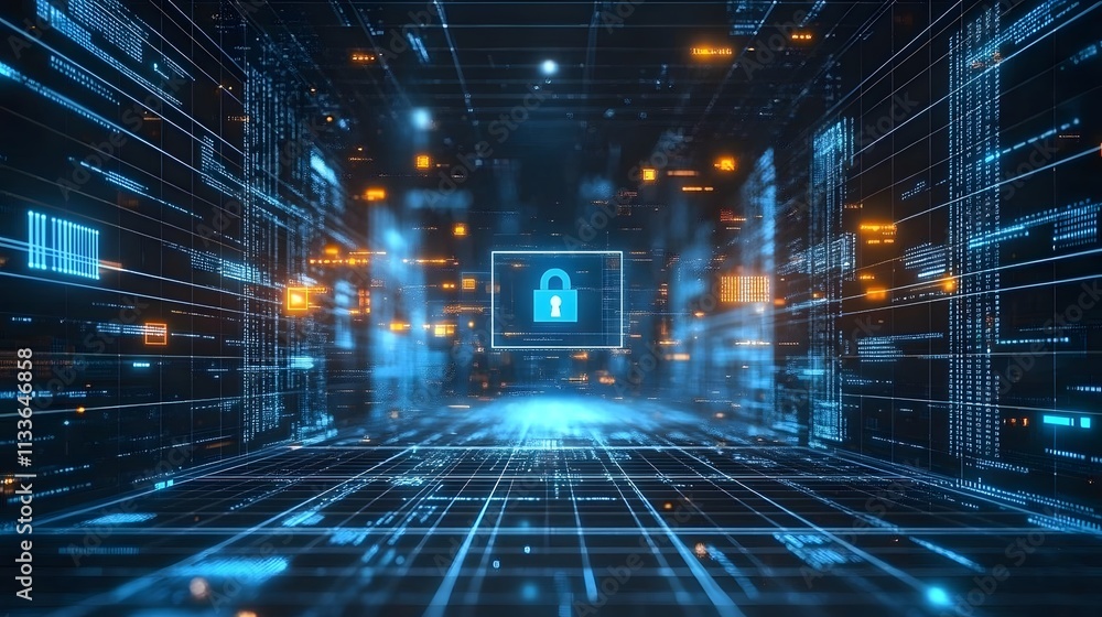 Poster abstract digital security concept with a glowing padlock icon in a futuristic data space.