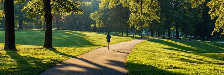 A lone runner traverses a sunlit path in a green park, surrounded by trees and fresh grass, embodying the spirit of early morning activity. Generative AI