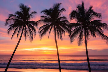Fototapeta premium Tropical beach with tall palm trees silhouetted against the colorful sunset sky