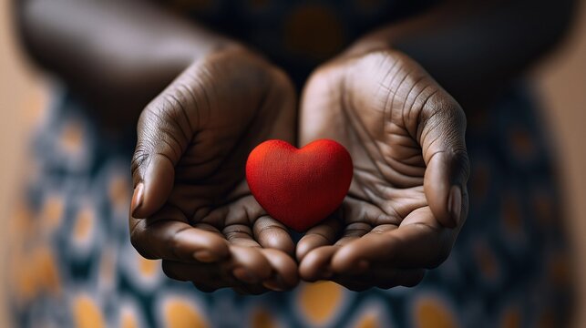 Close-up photo shows dark-skinned woman hands holding small red heart. Hands gently cradle symbol of solidarity, charity within African community. Image conveys compassion, connection. Photo ideal