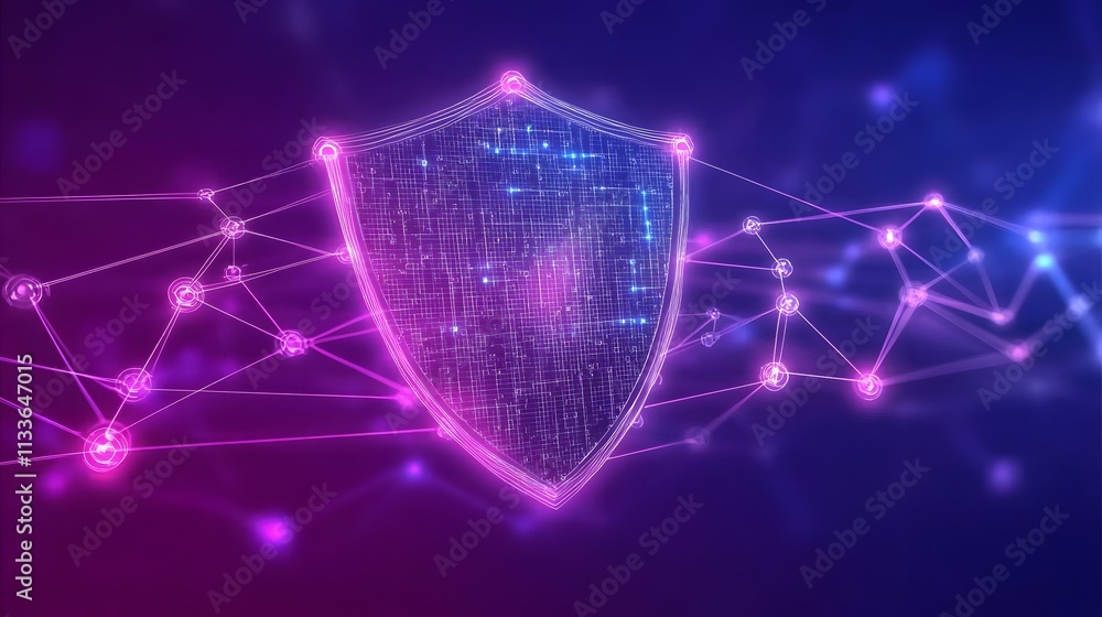 Poster abstract digital shield with glowing network connections, representing cybersecurity and data protec
