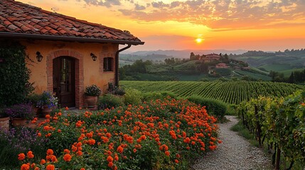 Naklejka premium Minimalist solar roof tiles a countryside home blending into the surrounding landscape of rolling hills and bright skies