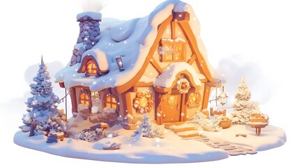 Fototapeta premium Cozy Winter Cottage Surrounded by Snowy Trees and Soft Light