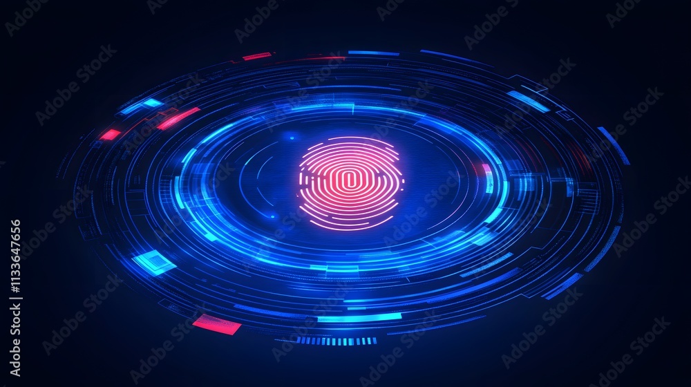 Poster abstract futuristic fingerprint scan with glowing blue and red circles.