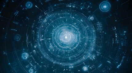 Obraz premium Abstract futuristic digital data visualization with glowing concentric circles and HUD elements.