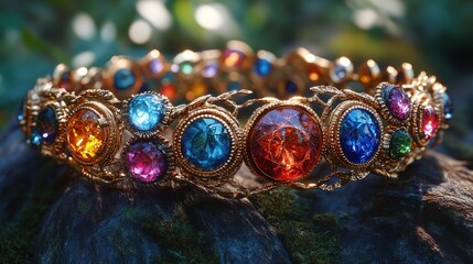 Ornate gold bracelet, colorful gemstones.