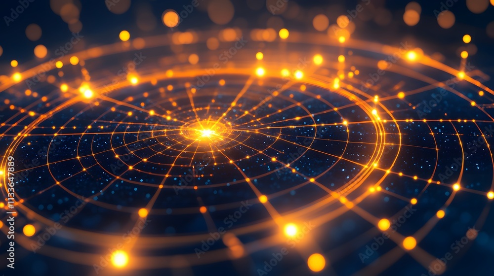 Poster abstract glowing circular network with nodes and connections.