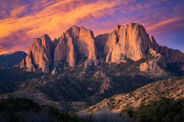 Fototapeta premium The sun sets behind jagged mountain peaks, casting long shadows over rocky surfaces