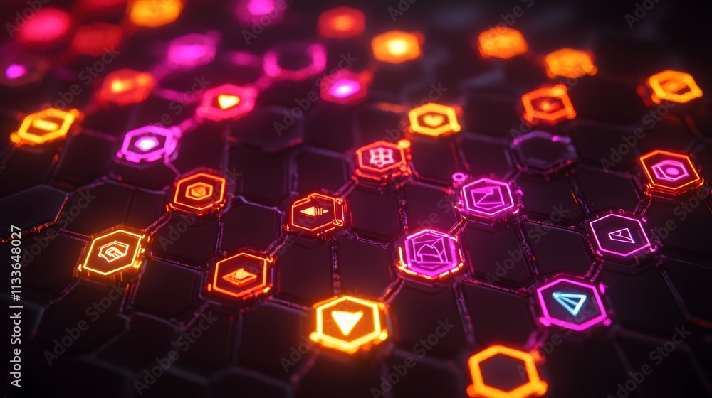 Poster abstract glowing neon icons on hexagonal grid.