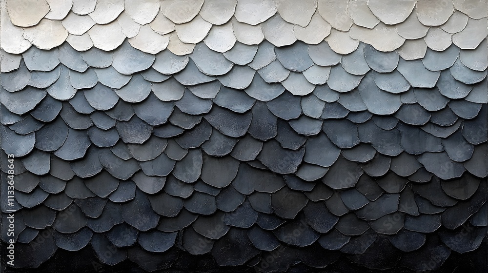 Poster abstract grayscale textured background of overlapping scale shapes, gradient from light to dark.