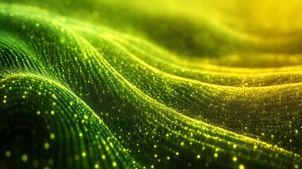 Abstract green and gold wave background with glowing particles.