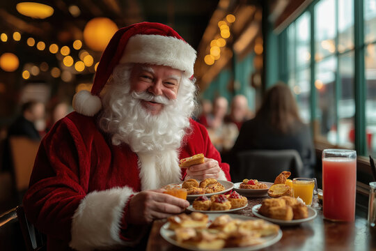 Santa Claus happily eats breakfast at seafood restaurant. Wearing traditional red suit, white beard. Smiles enjoying pastries, juice. Many plates with various pastries, fruits around. Restaurant