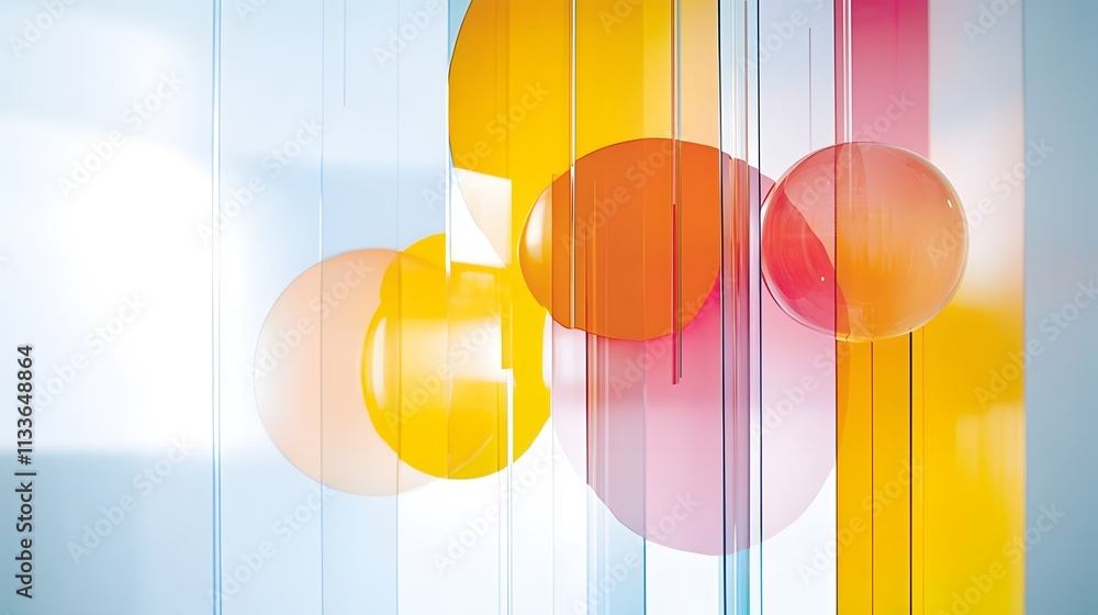 Poster abstract image of colorful spheres and translucent panels.