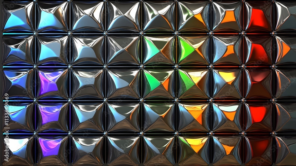 Poster abstract iridescent metallic surface with a geometric pattern of colorful, shiny, faceted shapes cre