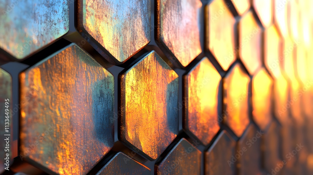Poster abstract metallic hexagon pattern with warm and cool tones, showing texture and depth.