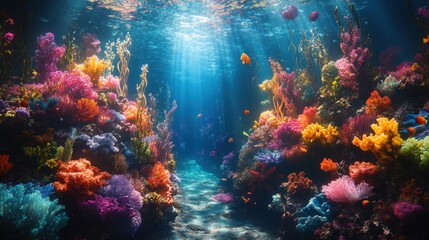 Obraz premium Vibrant coral reef, colorful fish, underwater scene.