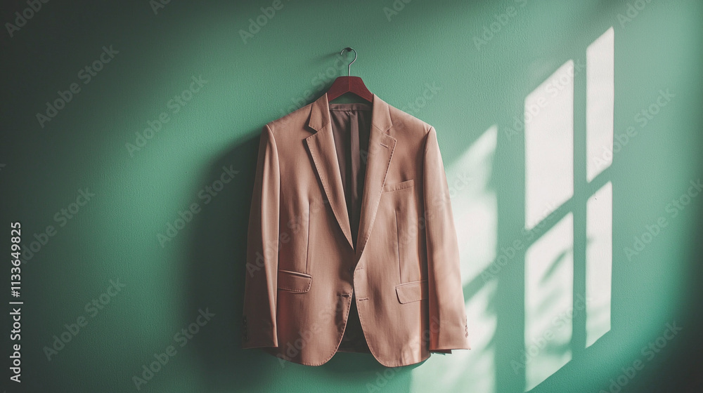 Poster A minimalist mocha mousse blazer is elegantly displayed on a hanger against a striking green wall. Soft sunlight filters through the window, creating calming shadows and enhancing its unique hue