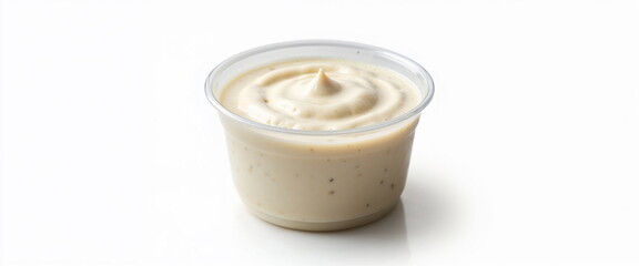Creamy white sauce in small plastic container