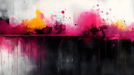 Abstract painting with pink, yellow, black, and grey splashes and drips.