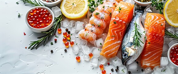 Fresh fish with lemons and eggs on rustic wooden table