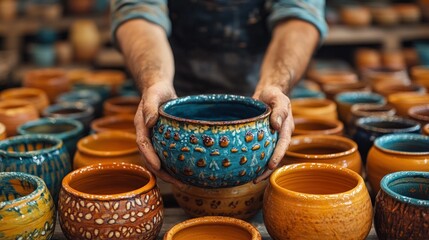 Fototapeta premium Potter's hands holding a blue, decorated ceramic bowl.