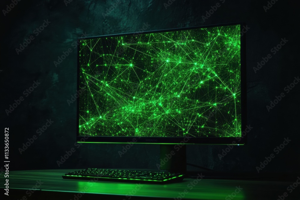 Poster A luminous green network grid illuminates a simple monitor icon, representing the integration of digital support and connectivity in modern setups. Generative AI