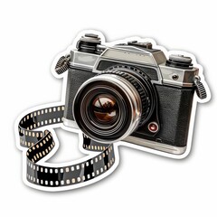 Vintage Camera Sticker Design With Film Strip Beside It Featuring Nostalgic Photography Elements. Generative AI